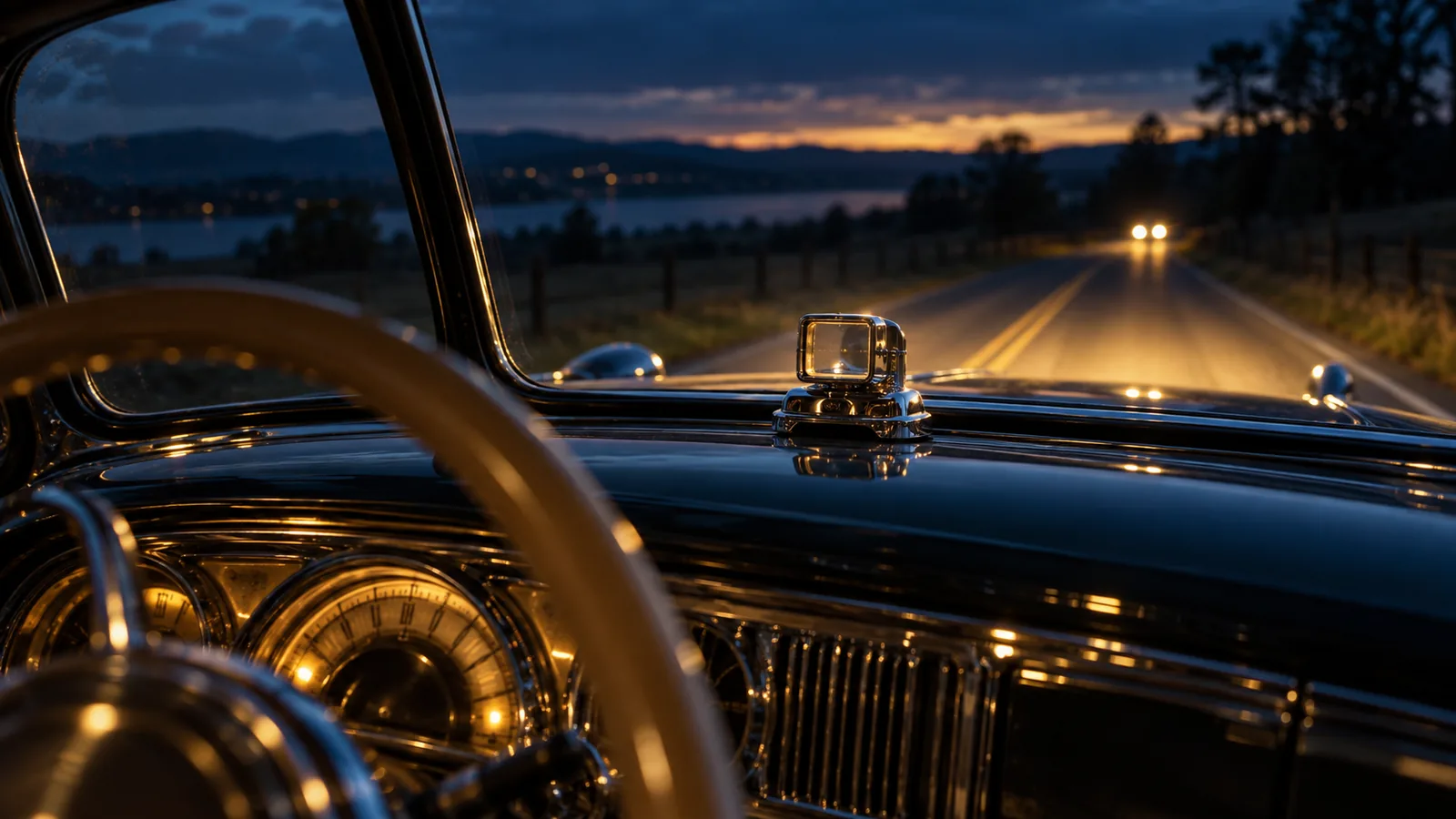 A 1950s car dashboard at dusk with a small chrome sensor mounted on top, the road ahead lit by warm headlights.