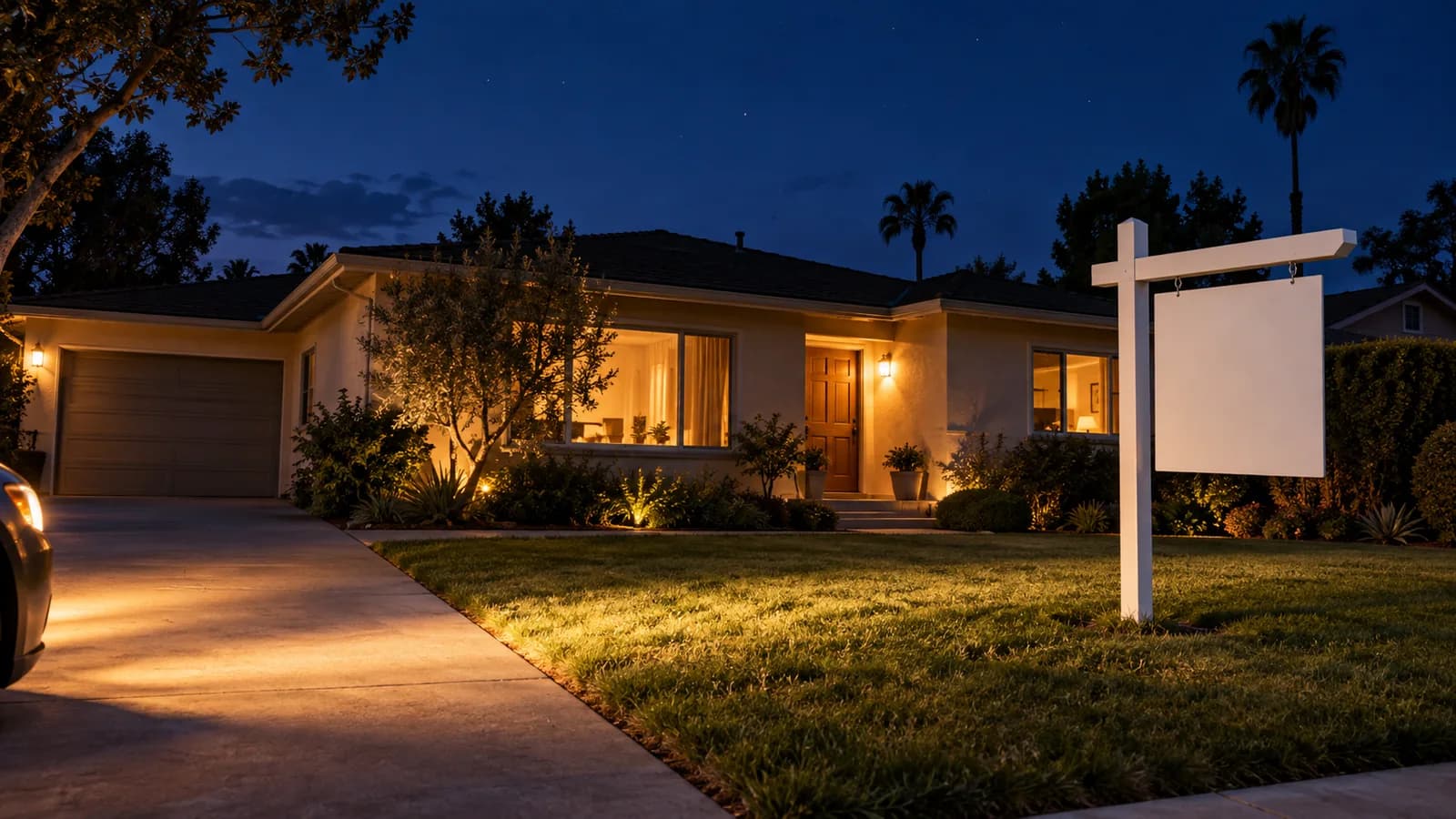 A single-story house at dusk with warm lit windows and a blank yard sign, headlights sweeping across the lawn.