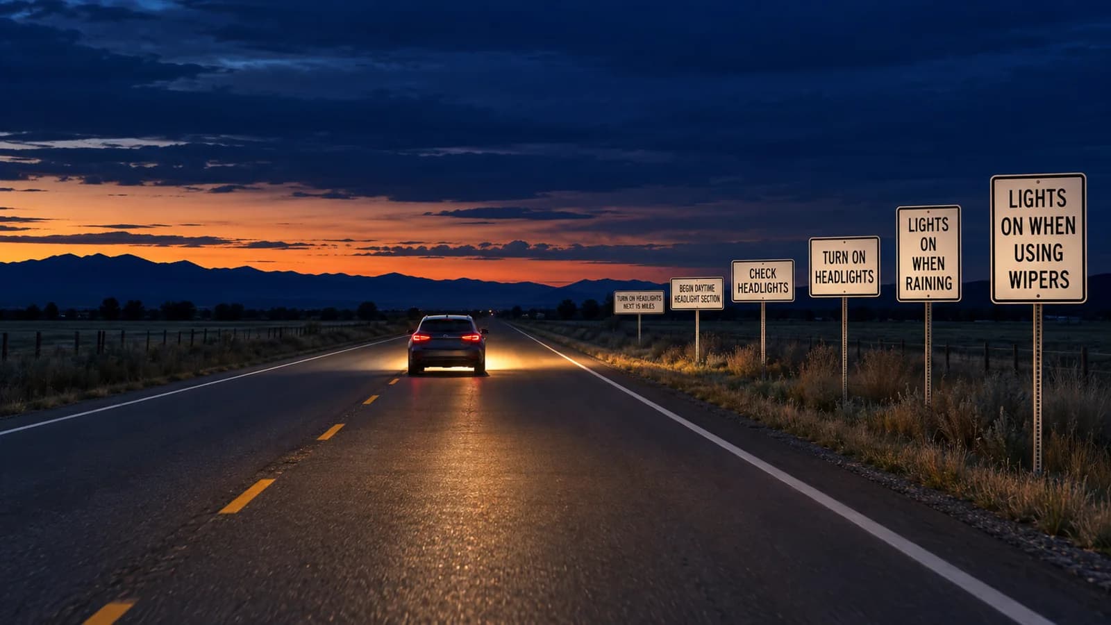 A car at dusk with its headlights already on, driving past a long row of roadside signs: Lights on when using wipers, Turn on headlights, Check headlights, Begin daytime headlight section.