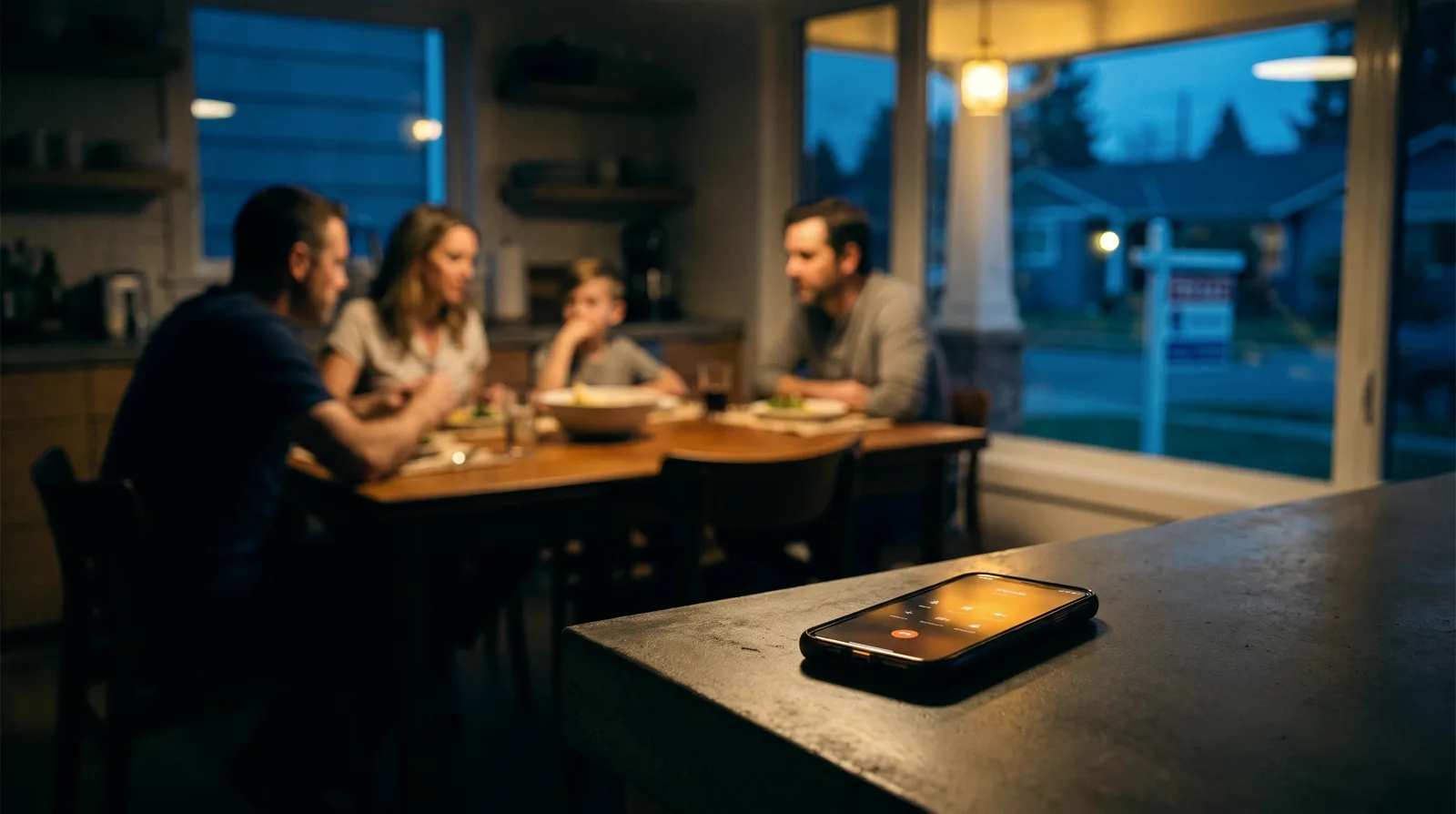 A kitchen at dusk: a family shares dinner in soft focus while a phone on the counter glows calmly, handling a call on its own; a for-sale yard sign stands on the twilight street outside the window.