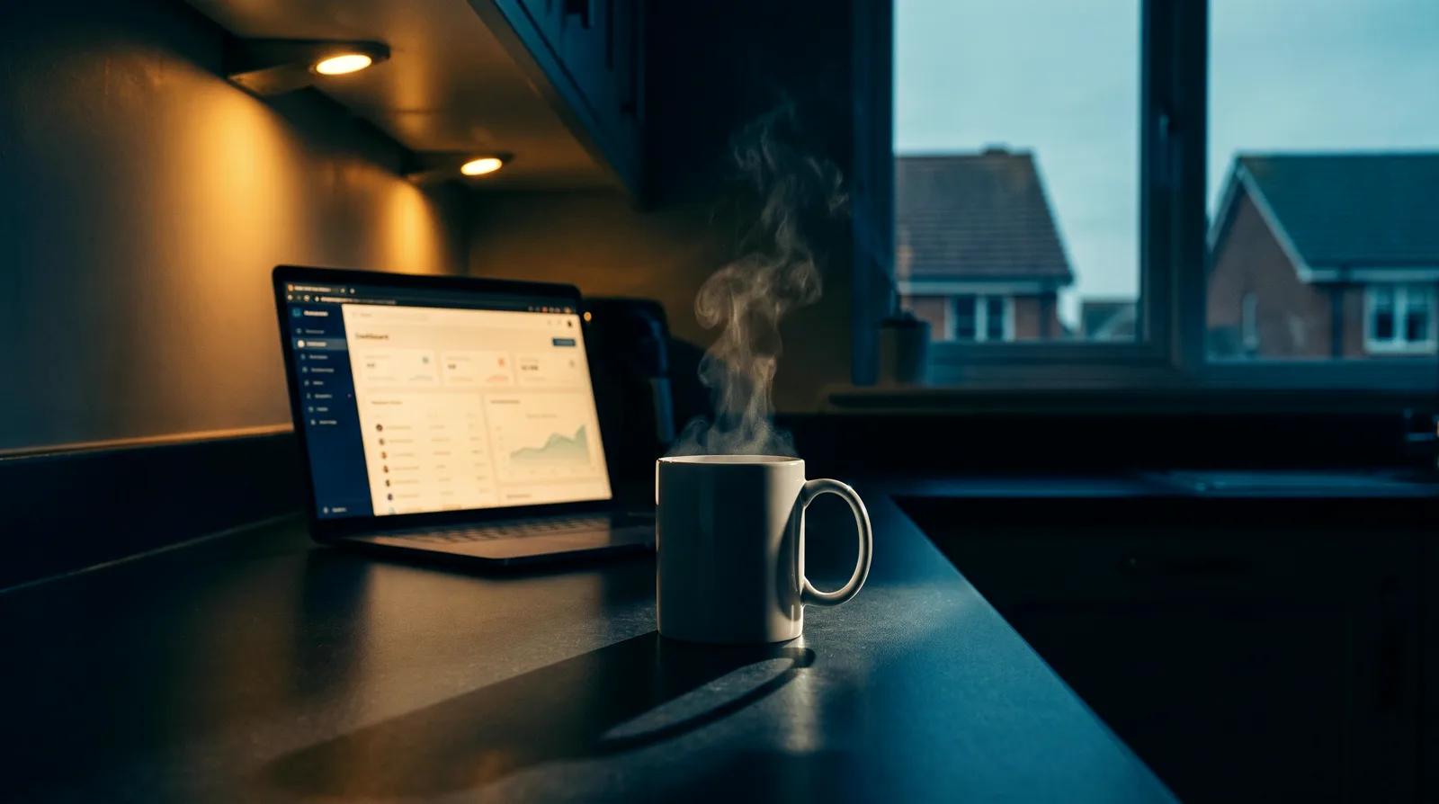 A pre-dawn kitchen counter: a steaming coffee cup in focus, and behind it a laptop showing a softly blurred morning dashboard.