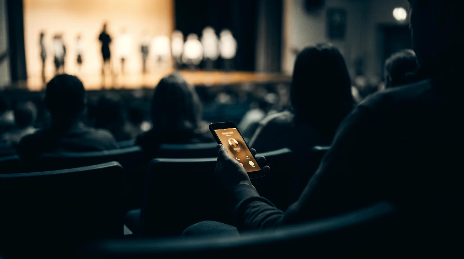 Rows of parents in silhouette at a school auditorium event; one parent's phone glows softly with an incoming call being answered on its own while their attention stays on the stage.