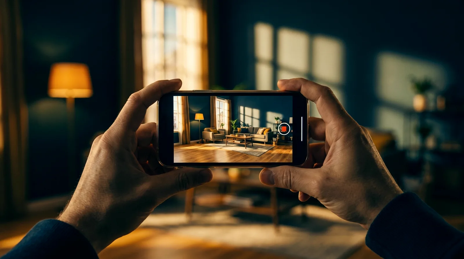 Hands hold a phone filming a walkthrough video of a sunlit staged living room; the phone screen shows the live recording of the same room.