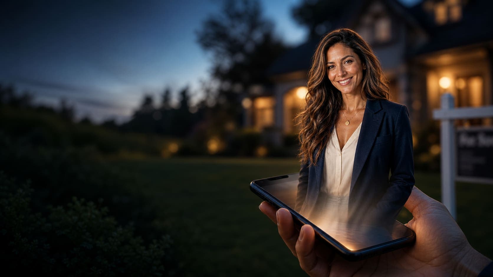 A realtor's hand holding a phone at dusk in front of a home for sale; Charlotte, the AI concierge, appears from the screen.