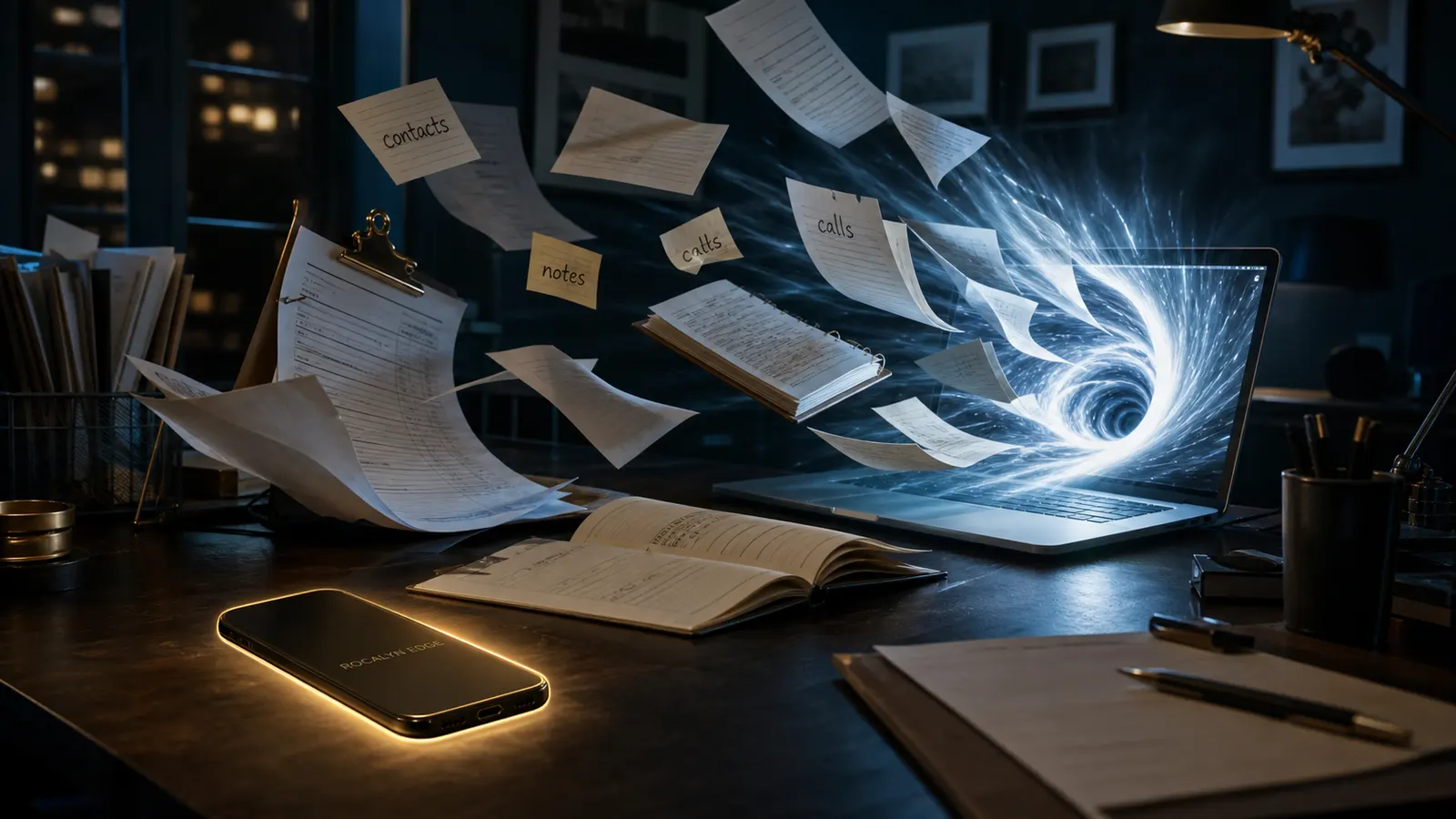 A real estate agent's desk at night: pages labeled contacts, notes, and calls are pulled off the desk into a glowing vortex inside a laptop screen, while a phone marked Rocalyn Edge sits apart on the desk, calm and lit.