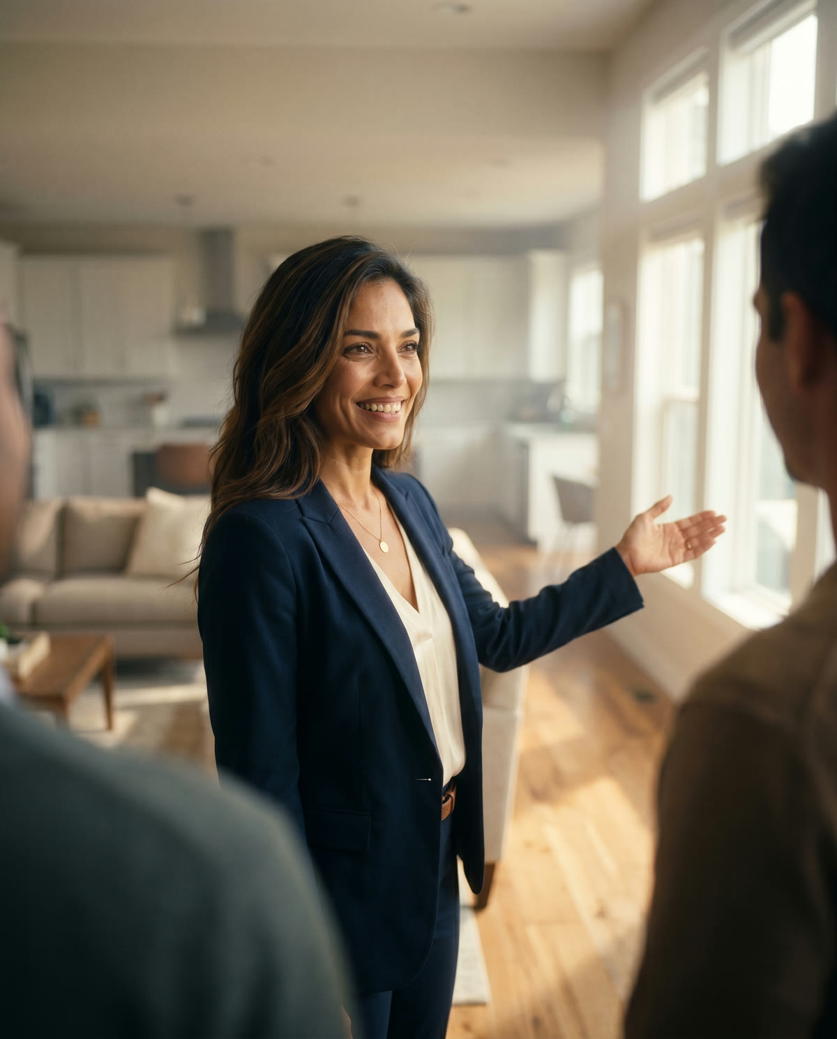 The assistant's persona guiding buyers through a sunlit home during a tour